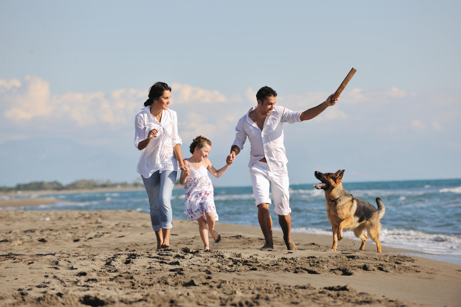 Família jovem e feliz, com criança e pet, de férias na praia.