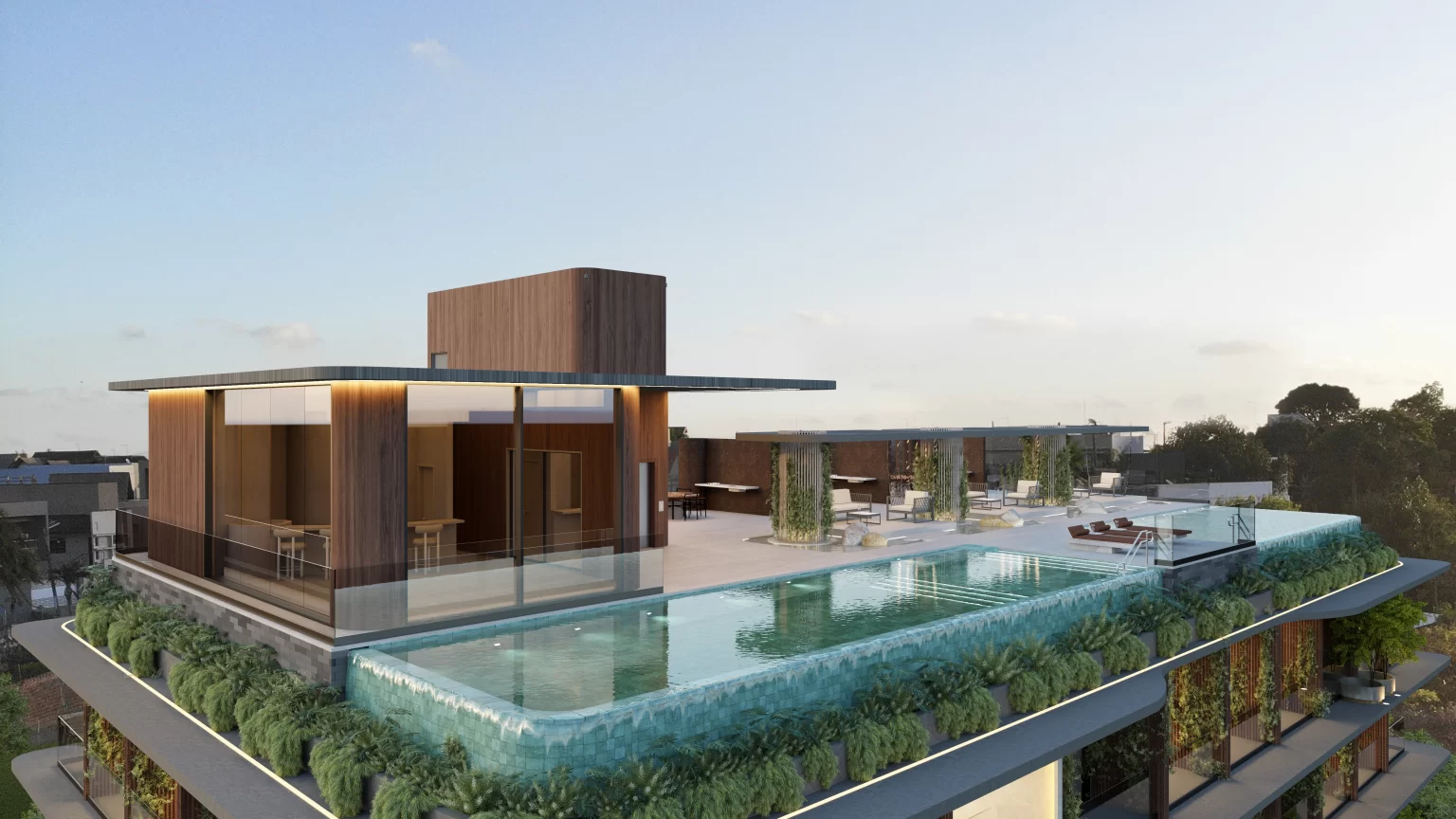 Imagem 3d do Rooftop do Ravel, mostrando as piscinas e adega.